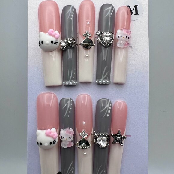 XXLong Junk Nails Kawaii Hello Kitty Nails Press On - Picture 4 of 6
